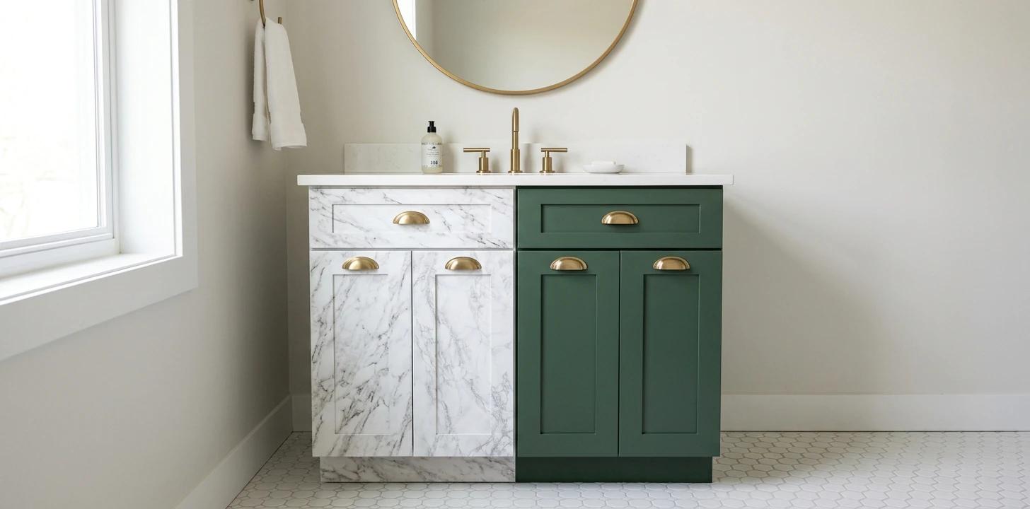 Bathroom vanity split down the center, left half wrapped in white-and-grey marble-look contact paper with brushed brass cup-pull hardware, right half painted matte forest green with matching brushed brass cup-pull hardware, white quartz countertop, brass faucet, round brass mirror and white hex tile floor for side-by-side comparison