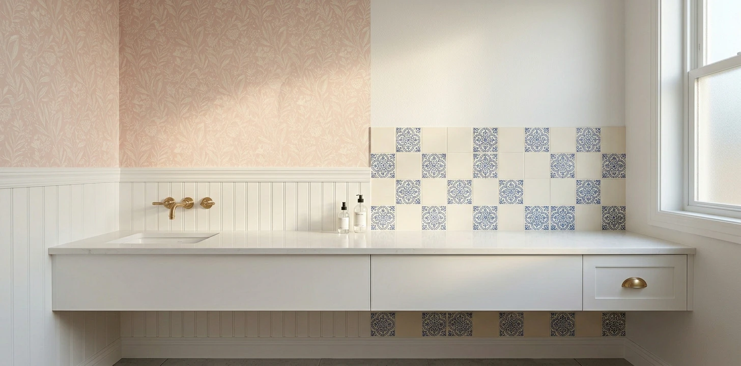 Bathroom wall above a continuous white floating vanity with quartz top, split exactly down the vertical center — left half soft pink-and-cream botanical peel-and-stick wallpaper covering the upper drywall above a white-painted beadboard wainscot, brushed brass wall faucet on the far left; right half cream-colored 4x4 inch ceramic tile transformed by blue-and-white Portuguese-style azulejo vinyl tile stickers in checkerboard pattern as a backsplash above the vanity countertop, plain white-painted drywall above, brushed brass cup pull on a small vanity drawer on the far right, frosted window letting in soft daylight
