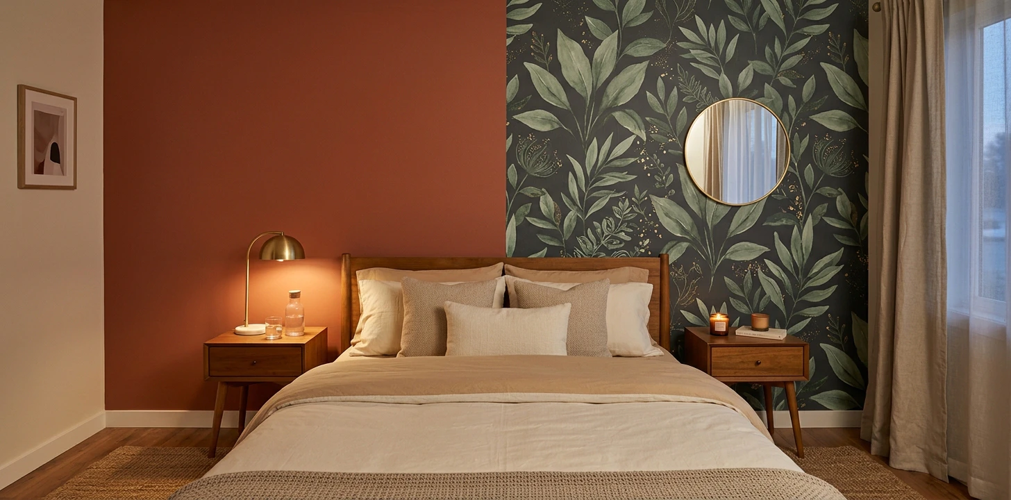 Bedroom accent wall behind a queen bed split down the center, left half solid deep terracotta painted finish with brass arc lamp on a wooden bedside table, right half dark moody botanical peel-and-stick wallpaper with sage green leaves and gold accents plus a round brass mirror, cream linens for side-by-side comparison