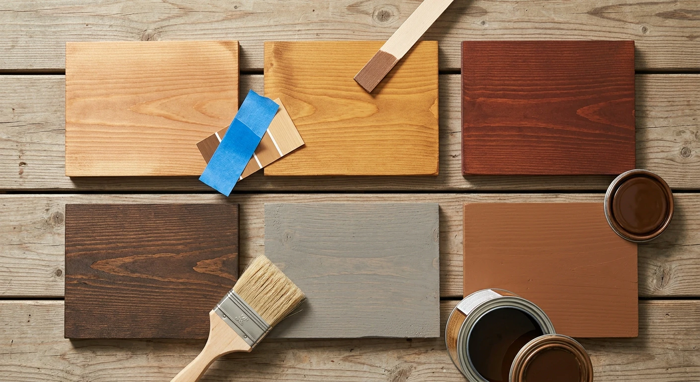 Editorial flat-lay of six deck stain sample boards in a 3x2 grid on raw weathered wood deck planks — natural cedar clear sealer, warm honey-cedar semi-transparent, rich mahogany red-brown, dark walnut espresso, weathered driftwood grey solid, and warm cabin-brown solid — with natural-bristle stain brush, open quart can showing dark stain inside, wood stir stick and test card