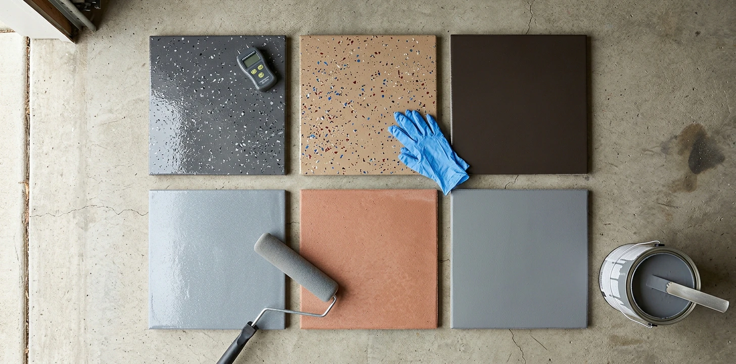 Editorial flat-lay of six garage floor coating sample tiles in a 3x2 grid on bare concrete — glossy charcoal epoxy with silver decorative flakes, tan-beige epoxy with multi-color flakes, dark espresso polyurea satin, light slate polyaspartic high-gloss, terracotta concrete sealer, and battleship grey single-part paint — with a 9-inch foam roller, open gallon can showing grey epoxy with metal stir stick, blue nitrile gloves and a handheld concrete moisture meter