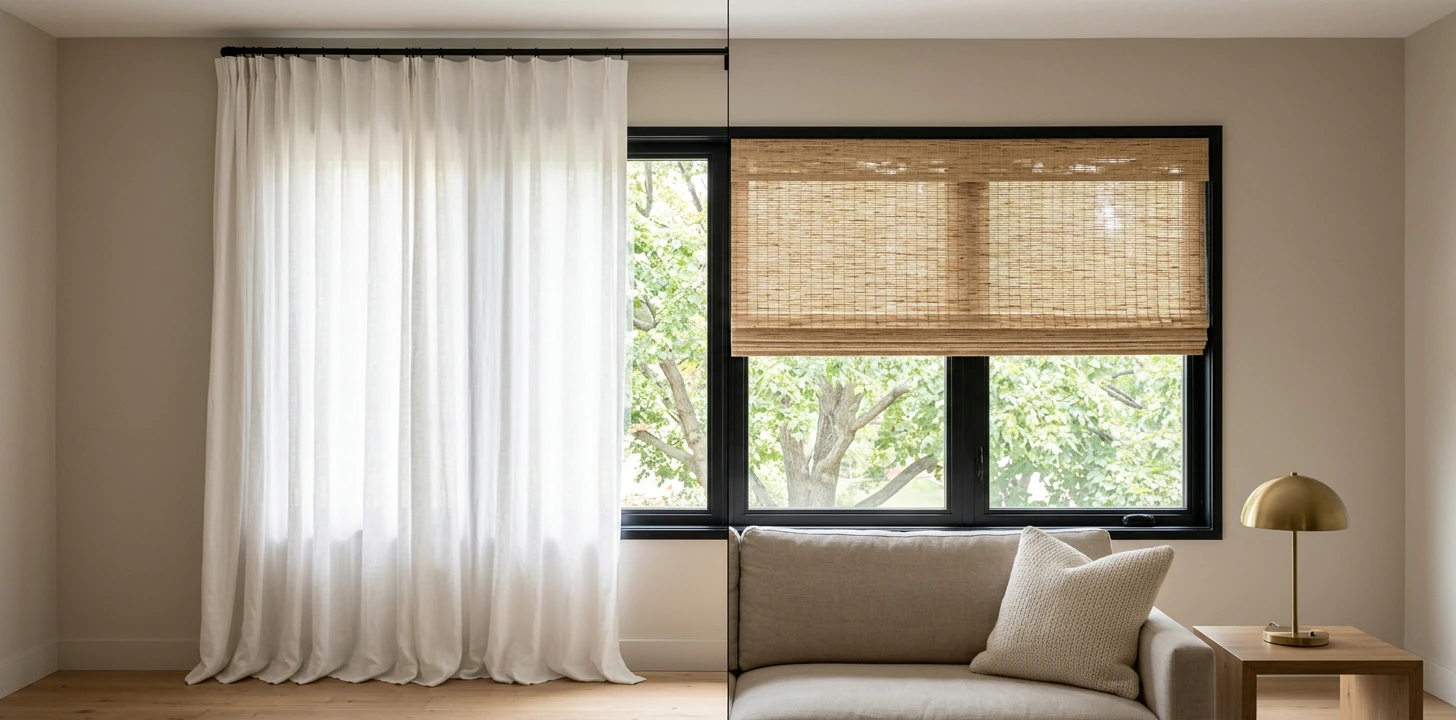 Living room window split down the center, left half white linen floor-to-ceiling curtain panel on a slim black rod near the ceiling with slight floor puddle, right half natural woven bamboo roman shade mounted inside the window frame with a glimpse of trees behind the glass, neutral linen sofa and brass dome lamp on a wooden side table