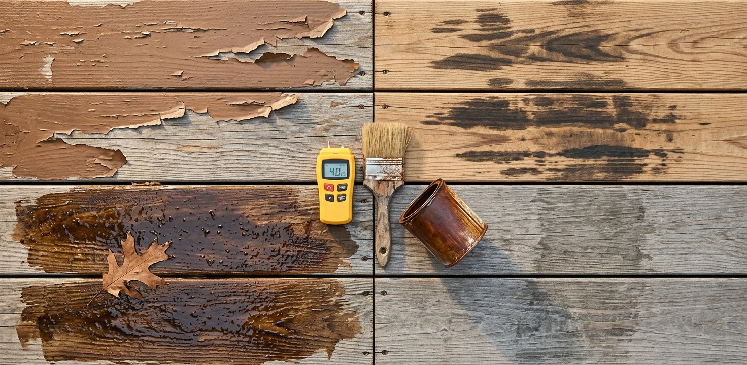 Editorial flat-lay of four deck stain failure modes on weathered wood boards — semi-transparent stain peeling in curling flakes, dark blotchy lap marks, a glossy sticky over-applied patch, and grey untreated wood worn through a traffic path — with a wood moisture meter, stain brush and empty stain can in the center