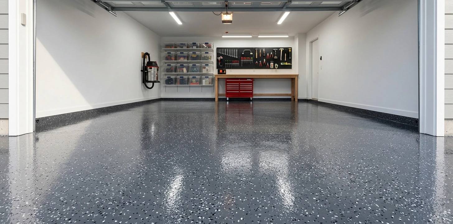 Bright two-car garage with glossy charcoal-grey epoxy flake floor reflecting overhead LED lights, wood-top workbench with red toolbox and metal pegboard with hand tools along the back wall