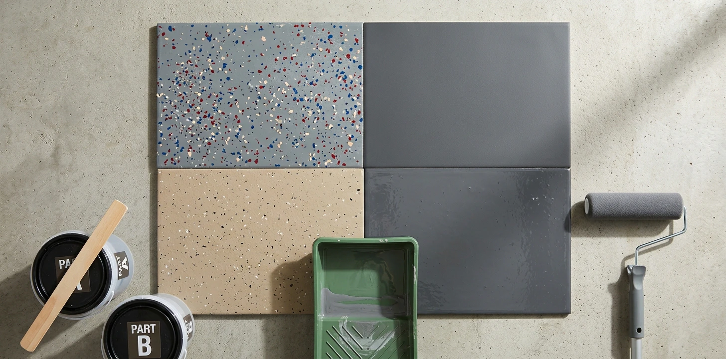 Illustrative flat-lay of four mainstream garage floor finishes in a 2x2 grid — glossy battleship-grey epoxy with red-blue-beige broadcast flakes, solid charcoal grey single-coat paint, tan-beige epoxy with subtle flake, and glossy deep-grey epoxy — on bare concrete with two mixing buckets labeled PART A and PART B, a wood stir paddle, a green paint tray with epoxy residue and a 9-inch foam roller