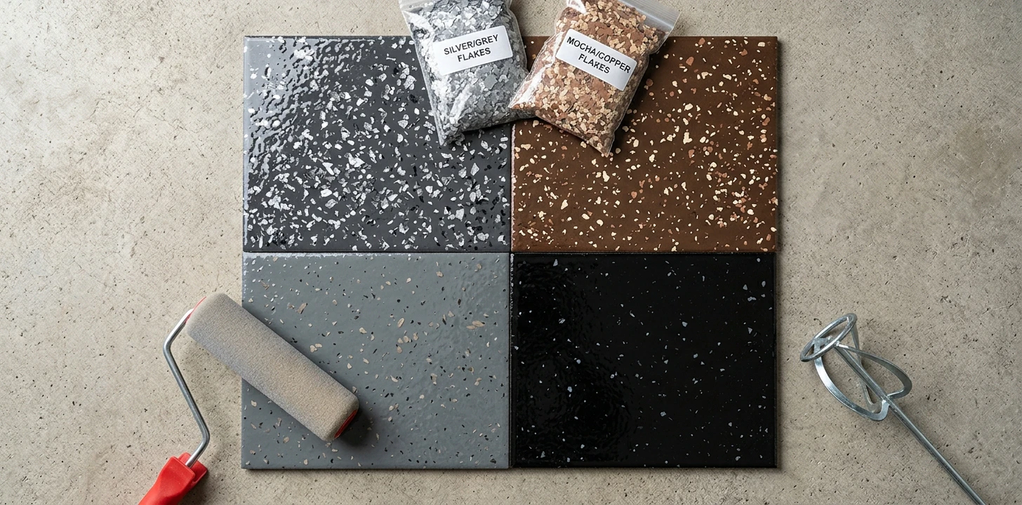 Illustrative flat-lay of four garage floor coating finishes in a 2x2 grid — glossy charcoal with silver decorative flakes, mocha-brown with copper-and-cream broadcast flakes, medium slate-grey with a subtle driftwood flake mix, and deep glossy black — on bare concrete with a red-handled foam roller, two clear bags of decorative color flake chips and a hand mixer drill attachment