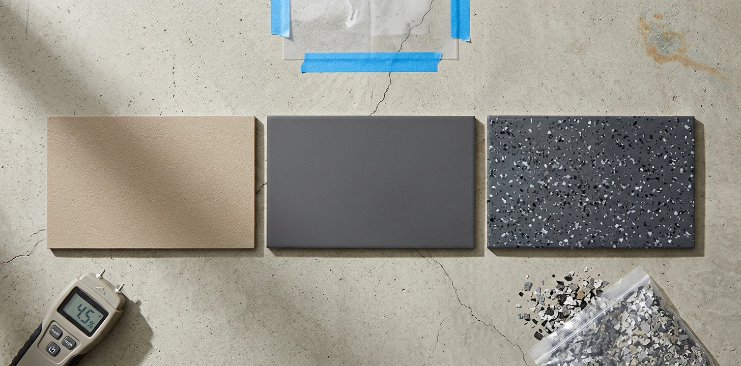 Illustrative flat-lay of three garage floor finish samples — a tan-beige floor paint, a solid charcoal-grey single-coat finish, and a glossy deep-grey finish with granite-look flakes — on bare concrete with a handheld concrete moisture meter, a clear plastic moisture-test sheet taped down with blue painter's tape, and a clear bag of color flake samples