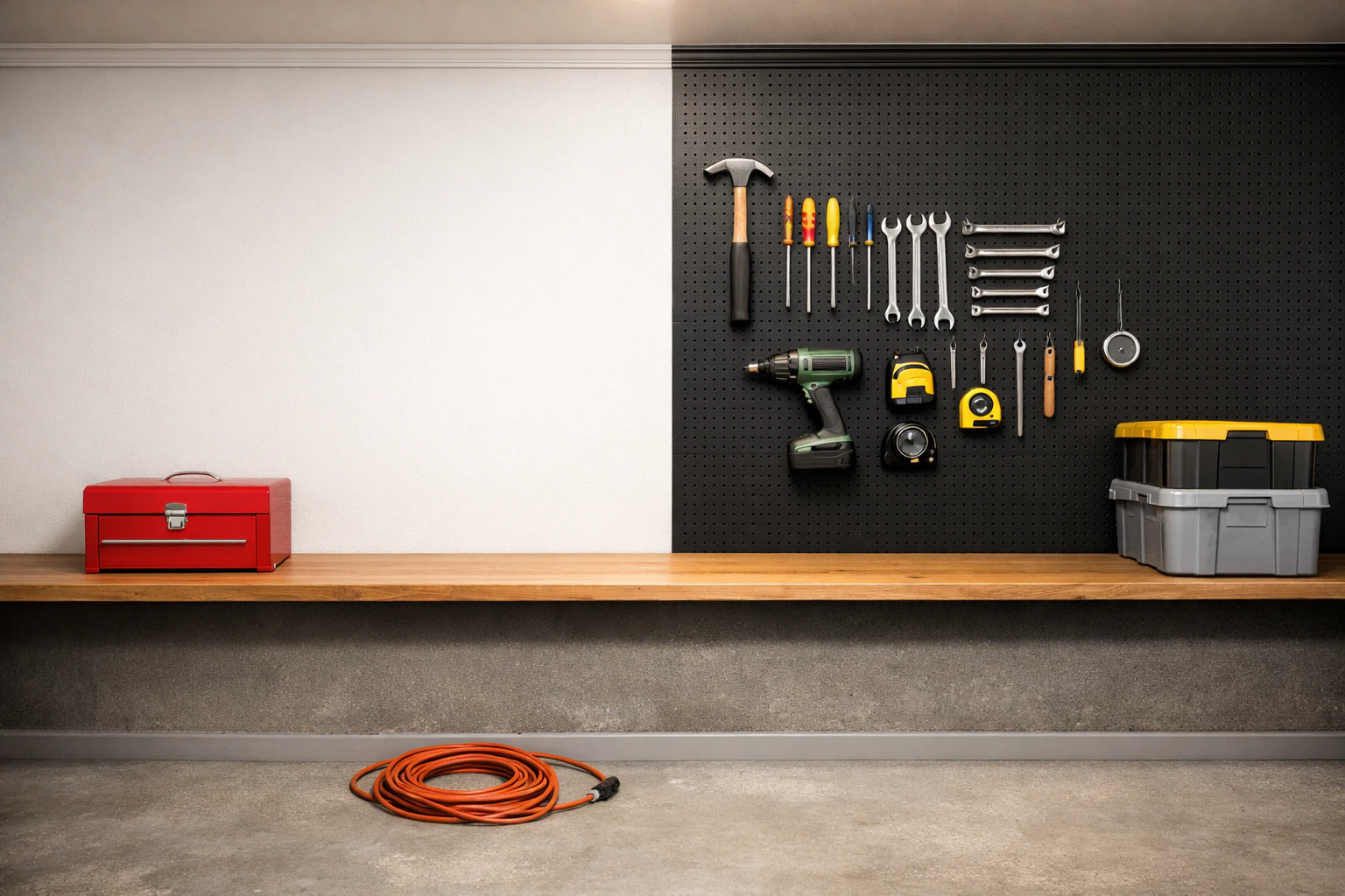 Two-car garage back wall above a continuous wood-top workbench split exactly down the vertical center — left half solid white-painted finished drywall with thin ceiling trim and no mounted storage, a small red metal toolbox on the workbench; right half black metal pegboard storage panel mounted on the wall above the workbench holding neatly arranged tools (a hammer, several screwdrivers, wrenches, a small power drill, measuring tapes) on white pegboard hooks, a black plastic storage bin on the workbench; pale grey epoxy-finished concrete floor below with a single coiled orange extension cord, soft overhead garage light