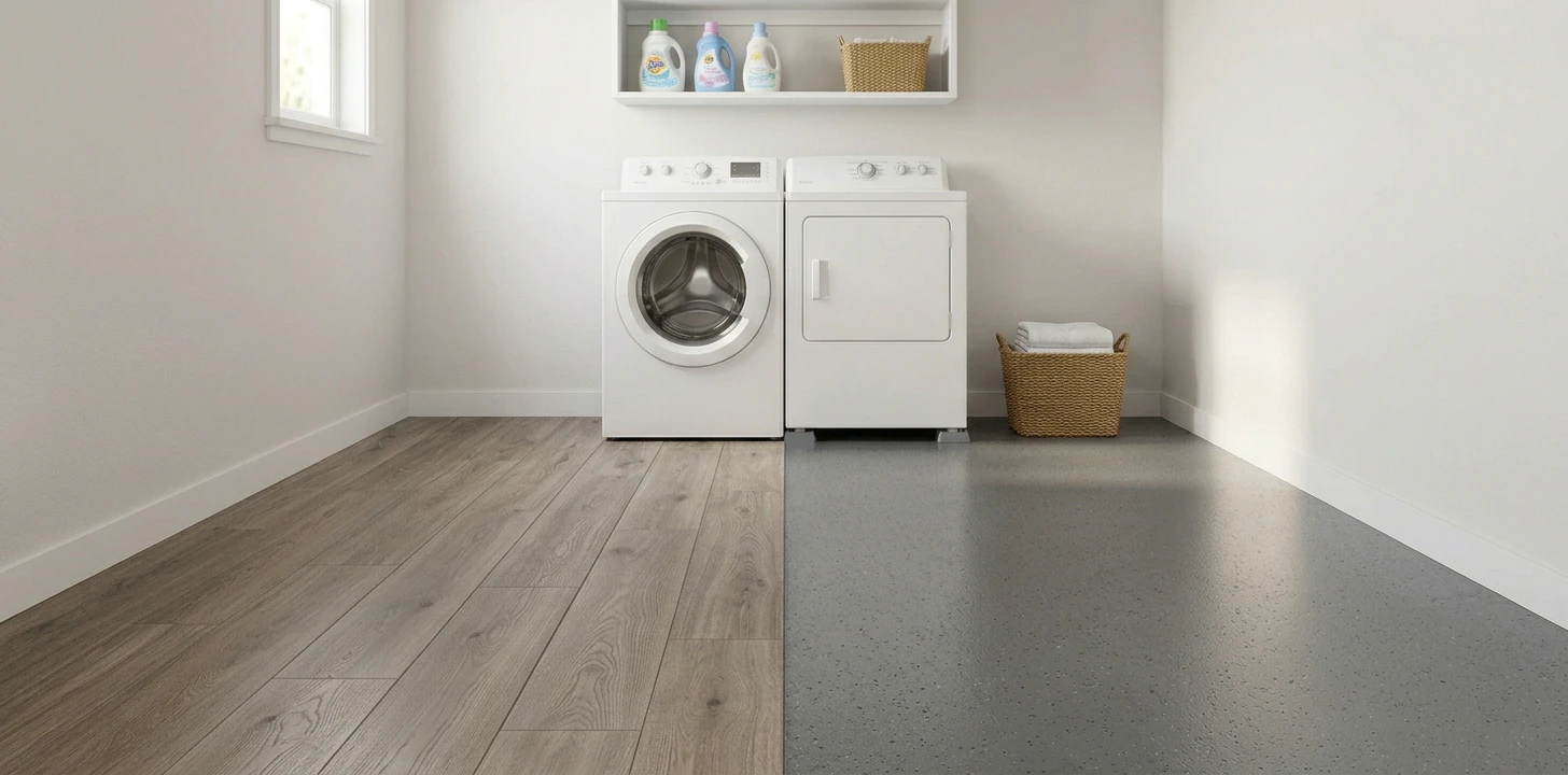 Compact laundry room floor split exactly down the vertical center — left half warm grey-oak click-lock luxury vinyl plank with visible wide-plank seams running toward the camera, right half smooth charcoal-grey poured epoxy concrete with subtle decorative speckle flake pattern, white side-by-side front-load washer on the LVP side and top-load-style dryer on the epoxy side at the back center of the room, white floating utility shelf above the appliances holding three detergent and fabric softener bottles and a small woven basket, small frosted window on the upper left letting in soft daylight, a woven wicker basket of folded white towels on the epoxy side