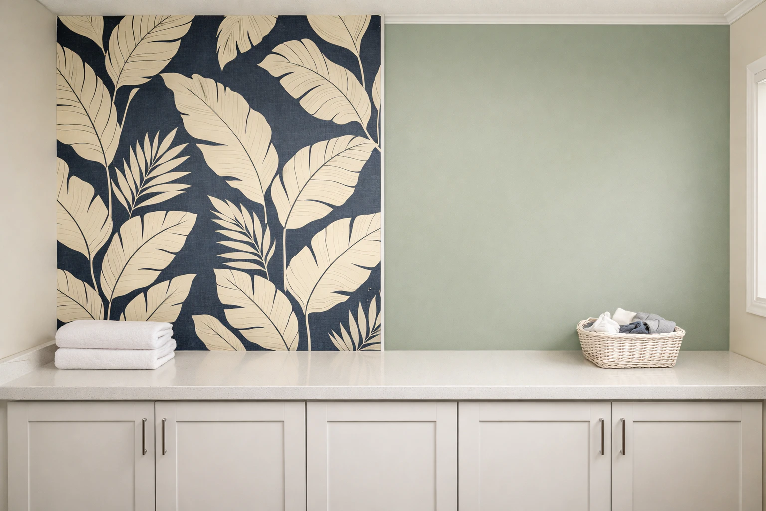 Compact laundry room wall above a continuous white quartz folding counter split exactly down the vertical center — left half bold large-scale botanical peel-and-stick wallpaper in deep navy blue and cream tones with oversized banana-leaf motifs covering the drywall from counter to ceiling, right half solid soft sage-green matte mold-resistant painted wall, two stacked clean white folded towels on the far left of the counter and a small white wicker basket of folded items on the far right, white shaker cabinets under the counter, natural light from a side window
