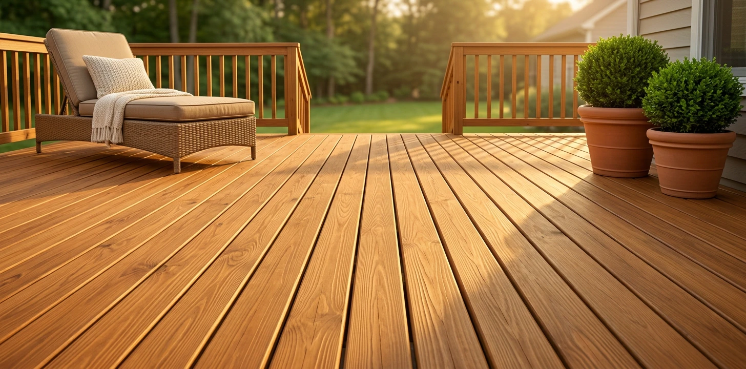 Backyard deck with warm honey-cedar stained boards in golden-hour light, wicker lounge chair with cream throw pillow, terracotta pots with boxwood plants and a low wood railing