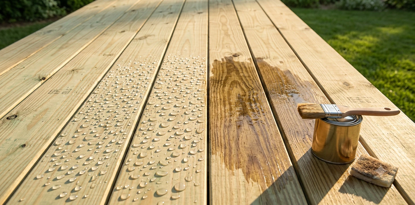 Fresh light-colored pressure-treated deck boards with water droplets beading on the surface next to a section where water has soaked in, with a stain pad, a can of semi-transparent stain and a brush waiting on the boards