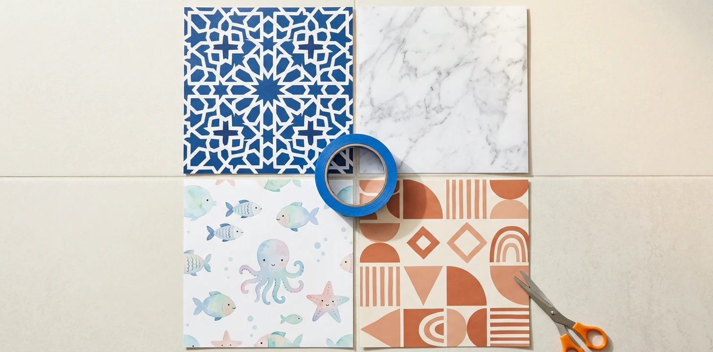 Budget-tier vinyl tile sticker flat-lay in 2x2 grid — deep blue Moroccan geometric with 8-point stars (budget vinyl style), Carrara marble veining on white (D-C-Fix style), pastel watercolor sea creatures with octopus and fish for kids' rooms (kids'-room style), and boho-neutral terracotta-and-cream geometric pattern (mass-retail style) on a cream tile surface with a roll of blue painter's tape in the center and orange scissors at the bottom-right