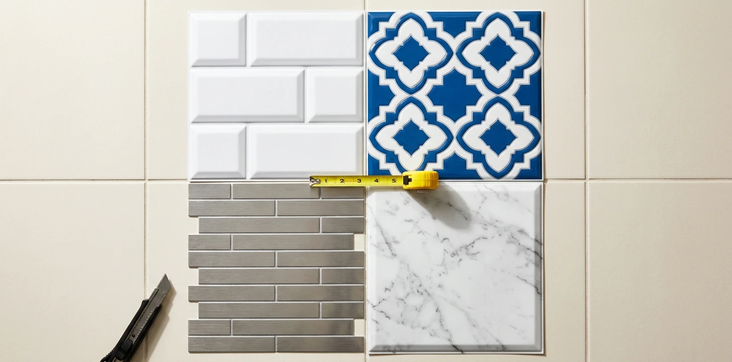 Premium-tier tile sticker flat-lay in 2x2 grid — white 3D gel-effect subway tile with raised beveled edges (Smart Tiles style), glossy gel-effect Moroccan blue-and-white geometric (Tic Tac Tiles style), brushed metal subway (Aspect Peel & Stick style real metal), and Carrara marble veining (Art3d gel-effect style) on a cream tile surface with yellow tape measure crossing the center and a black utility knife at the bottom-left