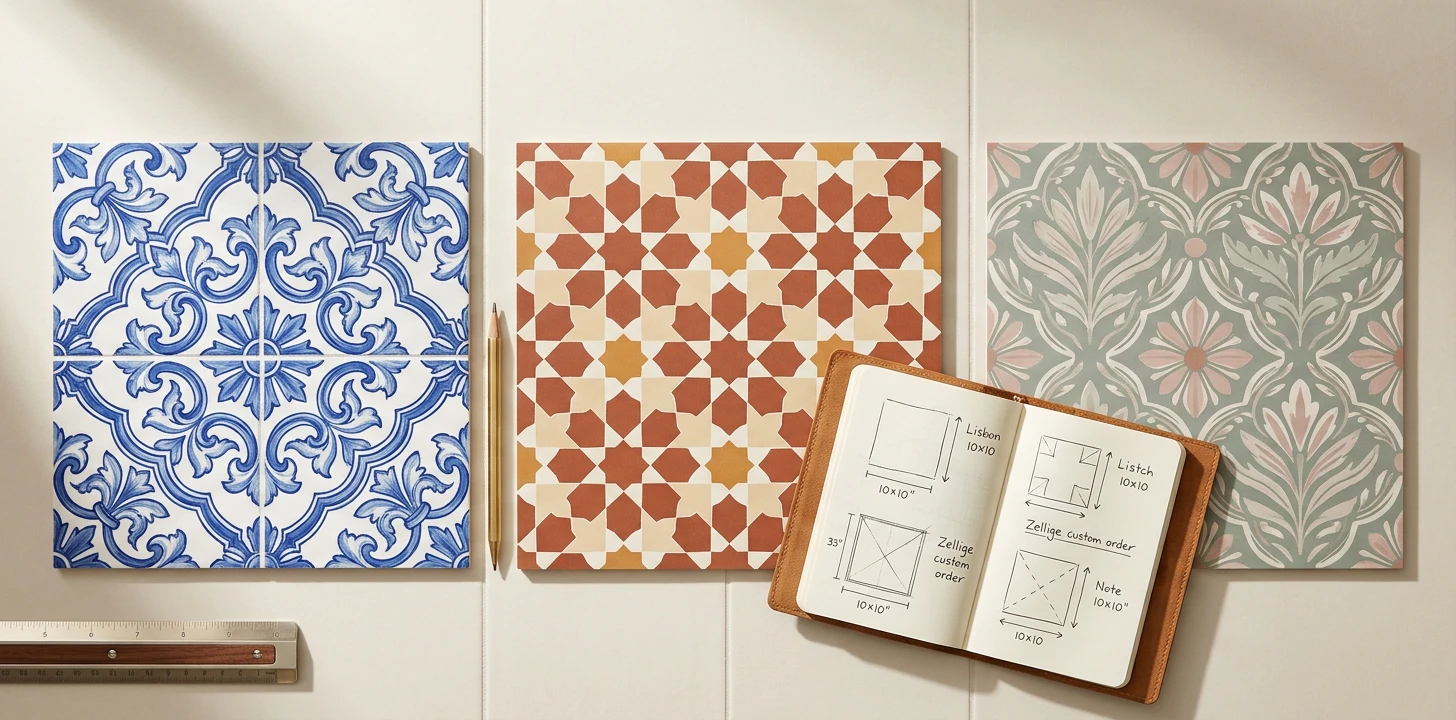 Specialty-tier tile sticker flat-lay of three premium swatches — Portuguese azulejo in classic Lisbon blue and white with floral motifs (Mosaicowall style), refined Moroccan zellige in terracotta-ochre-cream geometric stars (Quadrostyle designer style), and custom hand-illustrated Mediterranean botanical in sage and dusty pink (StickPretty custom-print style) on a cream tile surface with an open leather-bound sketch notebook showing handwritten dimensions