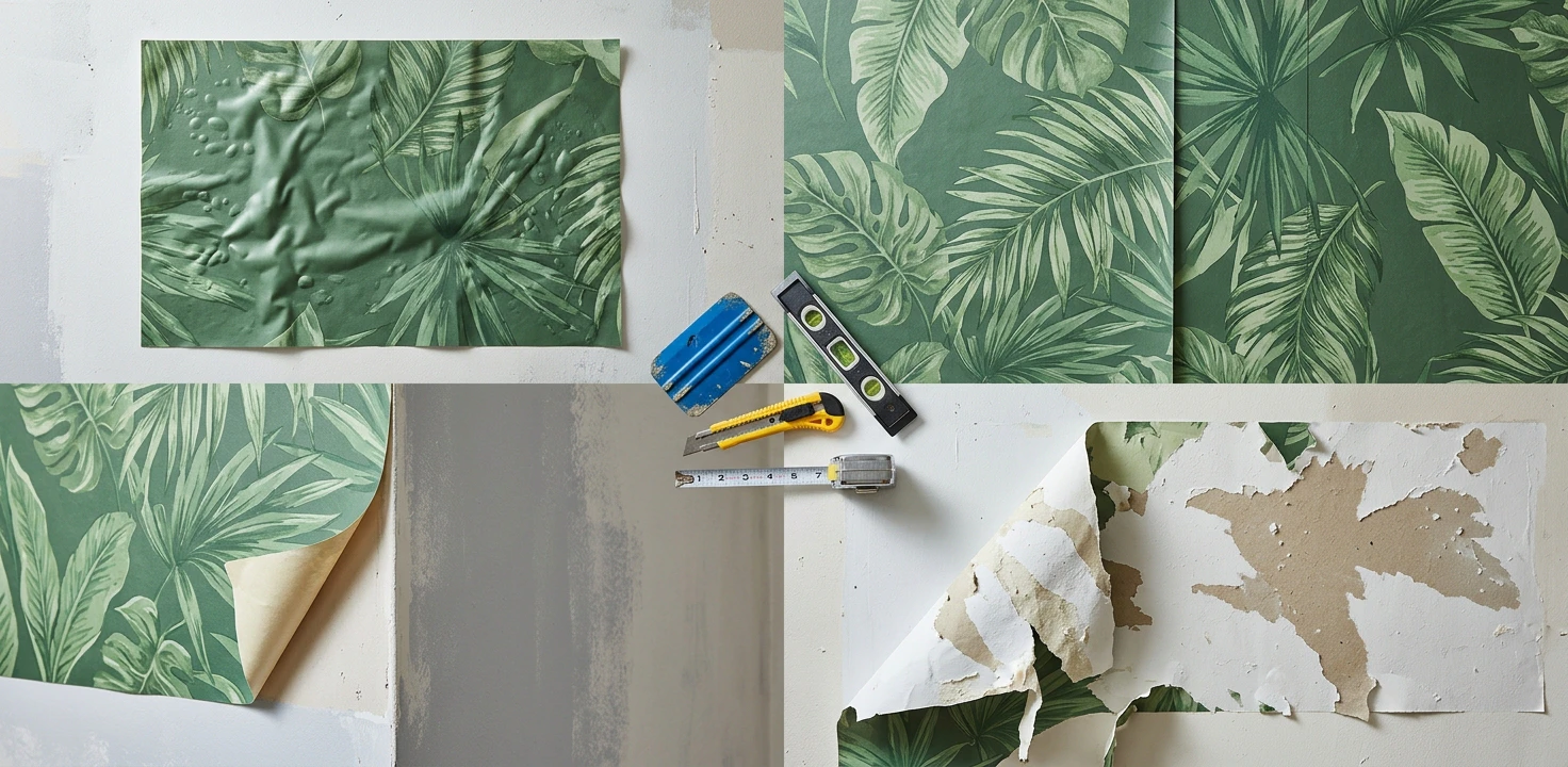 Editorial flat-lay of four peel-and-stick wallpaper failure modes — a botanical panel with trapped air bubbles and wrinkles, two panels with a mismatched pattern at the seam, a corner lifting and curling away from the wall, and a strip peeled back taking paint and drywall paper with it — with a plastic smoothing tool, level, snap-blade knife and tape measure in the center